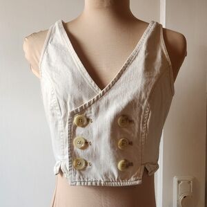 Free People Cream Denim Buttoned Crop Top